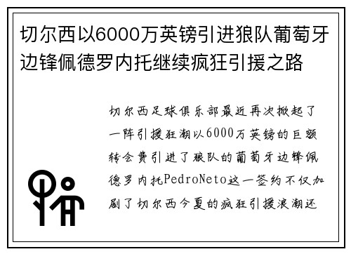 切尔西以6000万英镑引进狼队葡萄牙边锋佩德罗内托继续疯狂引援之路