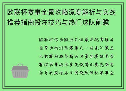 欧联杯赛事全景攻略深度解析与实战推荐指南投注技巧与热门球队前瞻 欧联杯赛事全景攻略深度解析与实战推荐指南投注技巧与热门球队前瞻